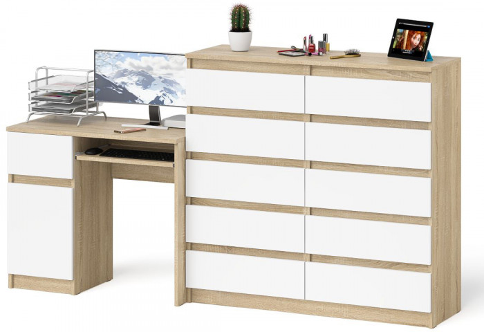 Мори компьютерный стол МС-1 левый + Комод МК1200.10, дуб сонома/белый