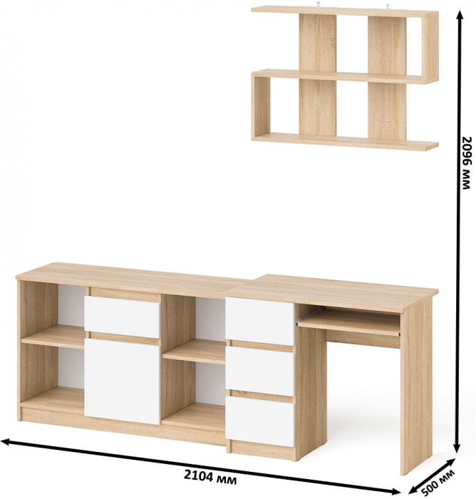 Мори компьютерный стол МС-6 левый + Тумба МТВ1204.1 + Полка 900, дуб сонома/белый