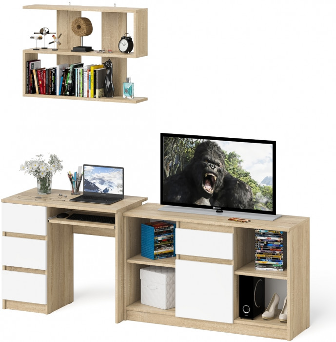 Мори компьютерный стол МС-6 левый + Тумба МТВ1204.1 + Полка 900, дуб сонома/белый