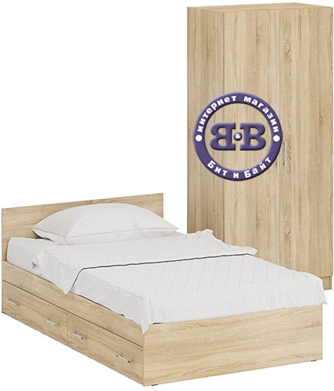 Кровать с ящиками 1200 + Шкаф 2-х створчатый Стандарт, цвет дуб сонома, ШхГхВ 123,5х203,5х70 + 90х52х200 см., сп.м. 1200х2000 мм., б/м, основание есть