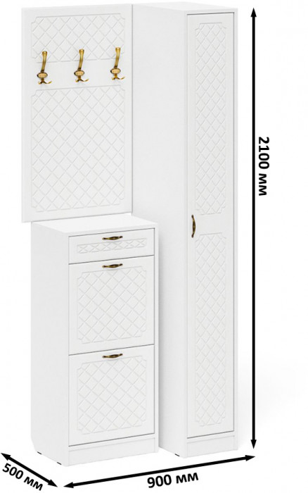 Прихожая П-6 Компоновка № 44, белая шагрень/фасады МДФ белое дерево фрезеровка ромб