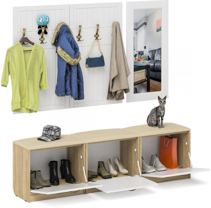 Прихожая П-6 Компоновка № 03, цвет дуб сонома/фасады МДФ белое дерево фрезеровка прованс, ШхГхВ 180х35х200 см., универсальная сборка