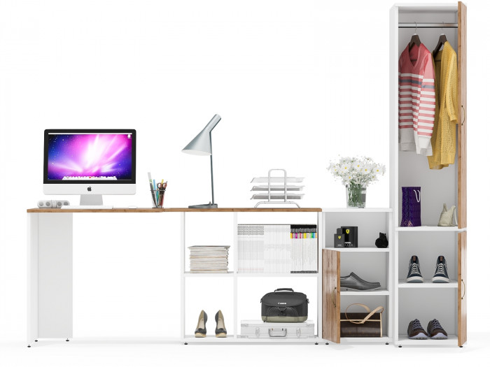 Лидер-8 Стол + Тумба МД 3.19 + Пенал МД 23Б, белый шагрень/крафт золото