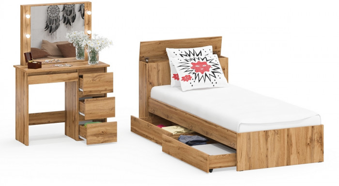 Ксения Кровать с ящиками 0900 + Стол косметический с подсветкой Сура, дуб вотан