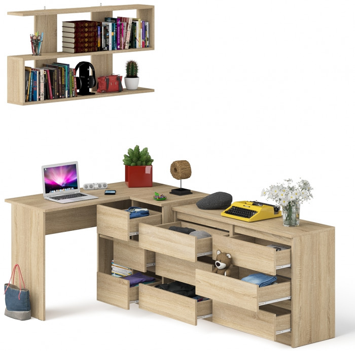 Мори компьютерный стол МС-16 правый + Комод МК1200.6 + Полка 1200, дуб сонома