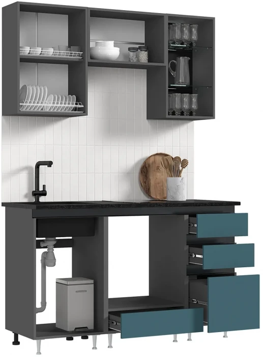 Кухня Техно-6 1,5м Графит/Атлантик софт/Графит софт