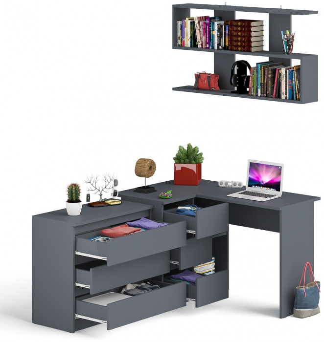 Мори компьютерный стол МС-16 левый + Комод МК800.1 + Полка 1200, графит