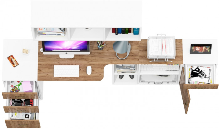 Лидер-8 Стол + Полка + Тумба МД 3.15 + Тумба МД 3.16, цвет белый шагрень/крафт золото, ШхГхВ 245х50/30х75/190 или 155х120/50х75/190 с, НЕ универс. сб.