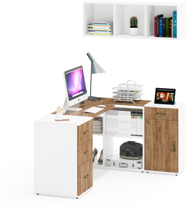 Лидер-8 Стол + Полка + Тумба МД 3.15 + Тумба МД 3.16, цвет белый шагрень/крафт золото, ШхГхВ 245х50/30х75/190 или 155х120/50х75/190 с, НЕ универс. сб.