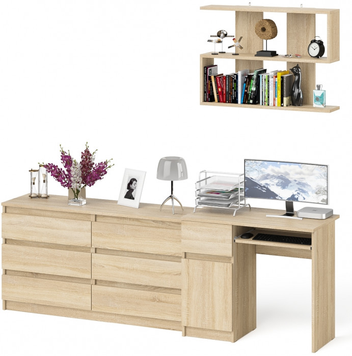 Мори Стол компьютерный МС-1 левый + Комод МК1380.6 + Полка 900, цвет дуб сонома, ШхГхВ 228х50х209,6 см., НЕ универсальная сборка