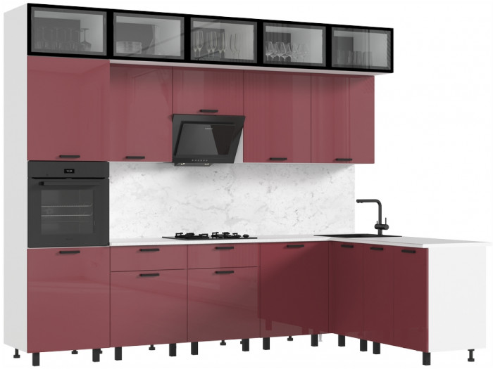 Кухня Техно 3,0х1,8/1080м Компоновка №8, Белый/Марсала глянец