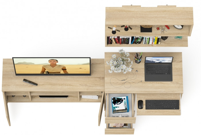 Мори Стол компьютерный МС-6 левый + Тумба МТВ1200.1 + Полка 900, цвет дуб сонома, ШхГхВ 210,4х50х209,6 см., НЕ универсальная сборка