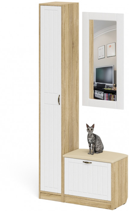 Прихожая П-6 Компоновка № 20, цвет дуб сонома/фасады МДФ белое дерево фрезеровка прованс, ШхГхВ 90х35х210 см., универсальная сборка