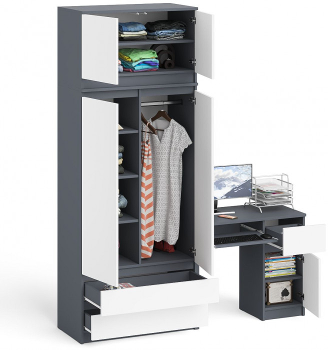 Мори компьютерный стол МС-1 правый + Шкаф МШ900.1 + Антресоль МА900.1, графит/белый