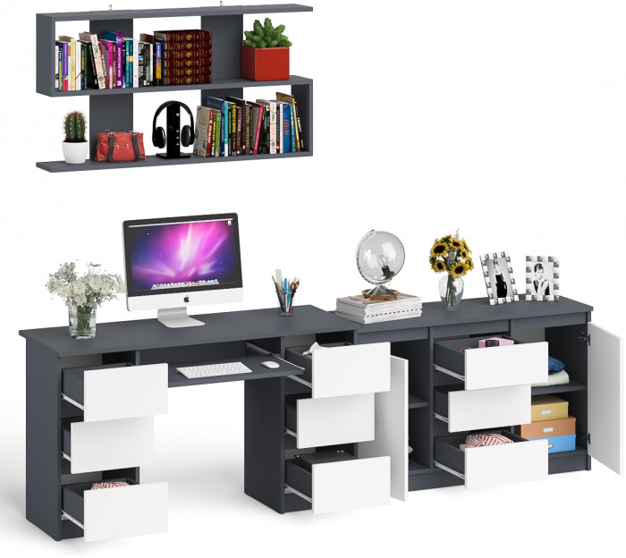 Мори компьютерный стол МС-2 + Комод МК1200.3 + Полка 1200, графит/белый