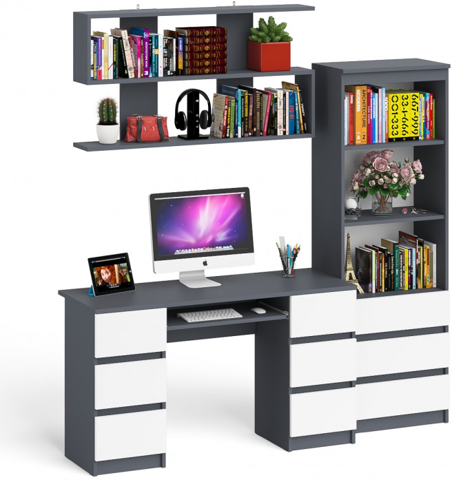 Мори компьютерный стол МС-2 + Стеллаж МСТ600.3 + Полка 1200, графит/белый