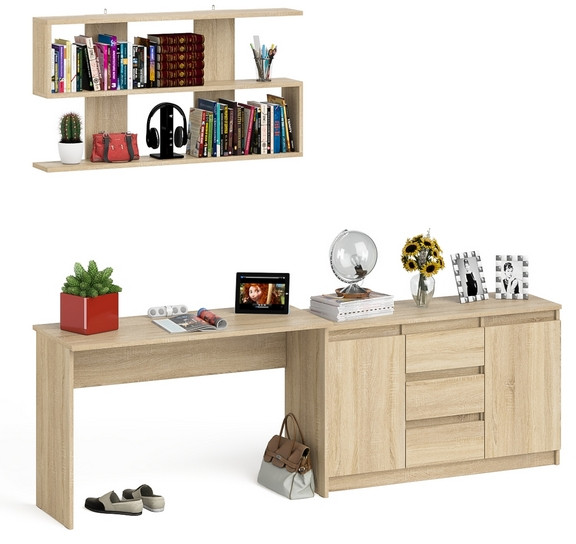 Мори письменный стол МСП1200.1 + Комод МК1200.3 + Полка 1200, дуб сонома