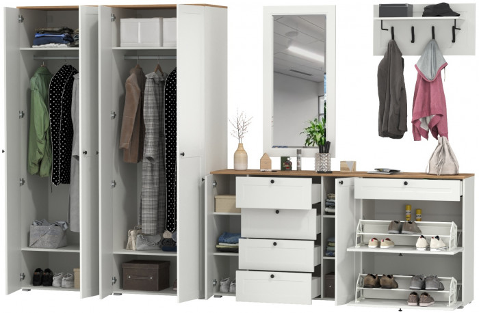 Остин Прихожая 60, цвет белый шагрень/дуб крафт золотой, ШхГхВ 360х54,3х229,6 см., универсальная сборка