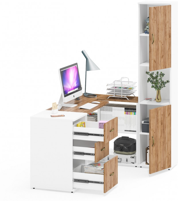 Лидер-8 Стол + Тумба МД 3.16 + Пенал, белый шагрень/крафт золото