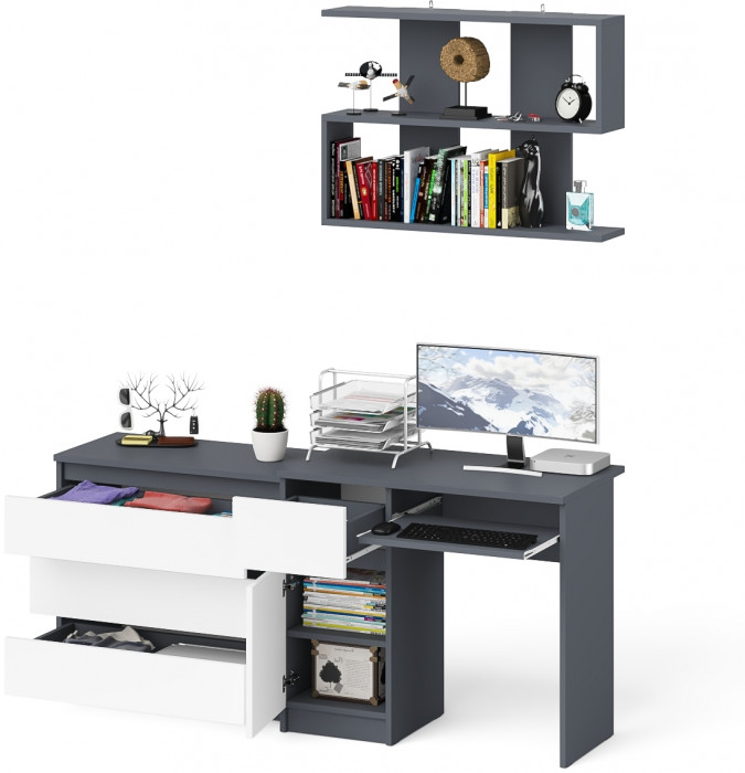 Мори компьютерный стол МС-1 левый + Комод МК800.1 + Полка 900, графит/белый