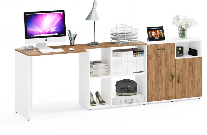 Лидер-8 Стол + Тумба МД 3.15 + Тумба МД 3.19, цвет белый шагрень/крафт золото, ШхГхВ 245х50/30х75 см. или 115х50/160х75 см., НЕ универсальная сборка