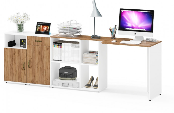 Лидер-8 Стол + Тумба МД 3.15 + Тумба МД 3.19, цвет белый шагрень/крафт золото, ШхГхВ 245х50/30х75 см. или 115х50/160х75 см., НЕ универсальная сборка