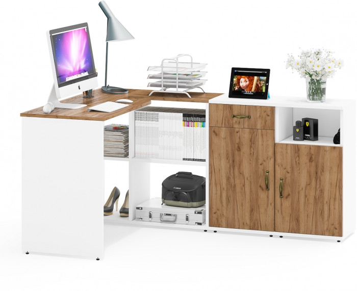 Лидер-8 Стол + Тумба МД 3.15 + Тумба МД 3.19, цвет белый шагрень/крафт золото, ШхГхВ 245х50/30х75 см. или 115х50/160х75 см., НЕ универсальная сборка