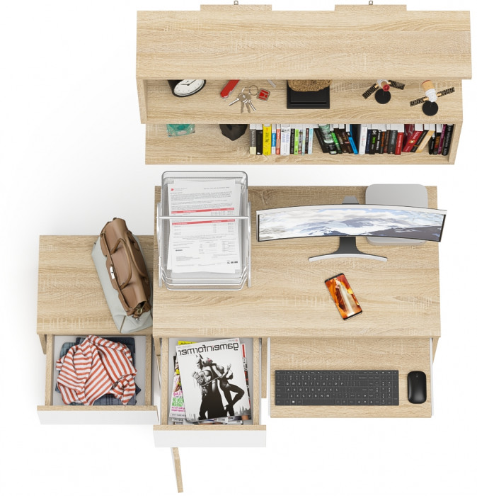 Мори Стол компьютерный МС-1 левый + Тумба ТМП400.1 + Полка 900, цвет дуб сонома/белый, ШхГхВ 130,4х50х209,6 см., НЕ универсальная сборка