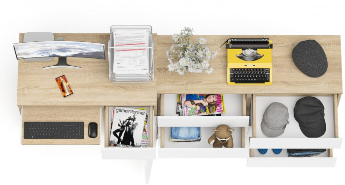 Мори Стол компьютерный МС-1 правый + Комод МК1200.6, цвет дуб сонома/белый, ШхГхВ 210,4х50х76,6 см., выдвижной ящик справа, НЕ универсальная сборка