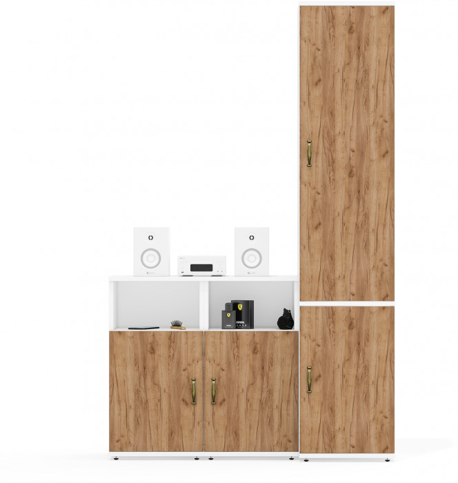 Лидер-8 Пенал МД 21Б + Тумба МД 3.19 + Тумба МД 3.19, цвет белый шагрень/крафт золото, ШхГхВ 120х37,5х190 см., универсальная сборка