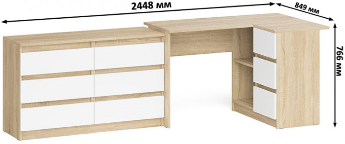 Мори Стол компьютерный МС-16 правый + Комод МК1200.6, цвет дуб сонома/белый, ШхГхВ 244,8х84,9х76,6 см., выдвижные ящики справа, НЕ универс. сборка