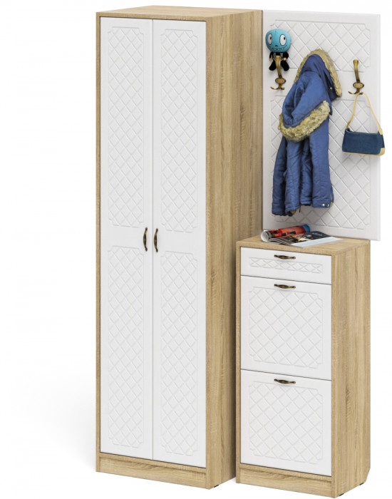 Прихожая П-6 Компоновка № 18, дуб сонома/фасады МДФ белое дерево фрезеровка ромб