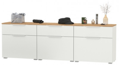 Октава 16.127 Тумба для обуви + 16.127 Тумба + 16.127 Тумба, цвет белый шагрень/дуб крафт золотой/фасады МДФ белый шагрень, ШхГхВ 194,7х35,4х62,2 см.