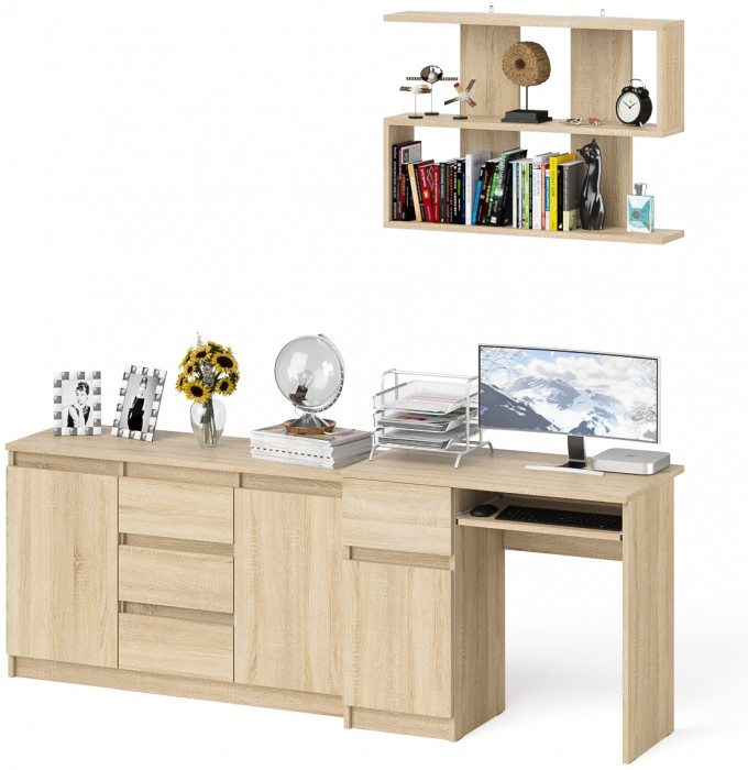 Мори компьютерный стол МС-1 левый + Комод МК1200.3 + Полка 900, дуб сонома