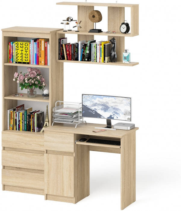 Мори компьютерный стол МС-1 левый + Стеллаж МСТ600.3 + Полка 900, дуб сонома