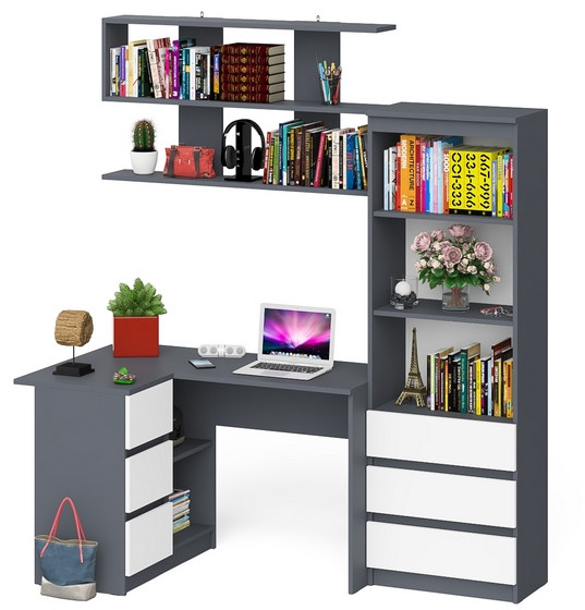 Мори компьютерный стол МС-16 левый + Стеллаж МСТ600.3 + Полка 1200, графит/белый