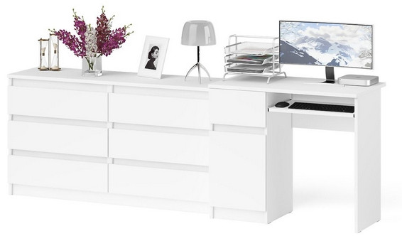 Мори Стол компьютерный МС-1 левый + Комод МК1380.6, цвет белый, ШхГхВ 228х50х76,6 см., выдвижной ящик слева, НЕ универсальная сборка