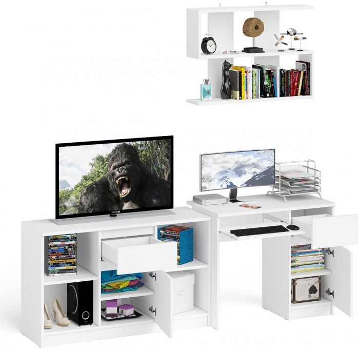 Мори Стол компьютерный МС-1 правый + Тумба МТВ1204.1 + Полка 900, цвет белый, ШхГхВ 210,4х50х209,6 см., НЕ универсальная сборка