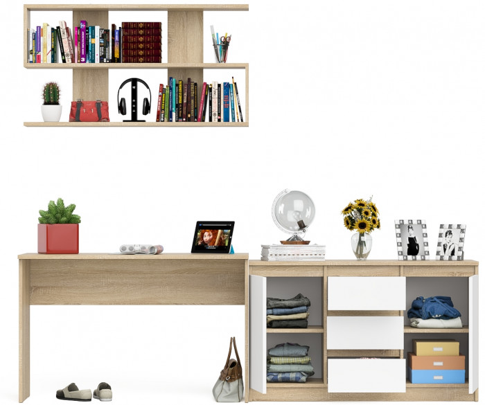 Мори письменный стол МСП1200.1 + Комод МК1200.3 + Полка 1200, дуб сонома/белый