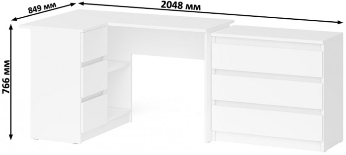 Мори Стол компьютерный МС-16 левый + Комод МК800.1, цвет белый, ШхГхВ 204,8х84,9х76,6 см., выдвижные ящики слева, НЕ универсальная сборка