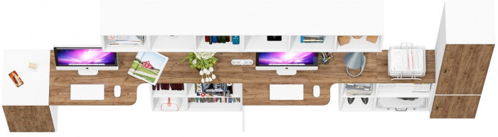 Лидер-8 Стол + Полка + Стол + Полка + Пенал МД 22Б + Тумба МД 3.16, белый шагрень/крафт золото