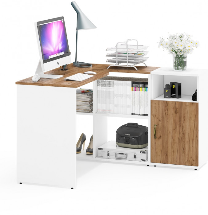 Лидер-8 Стол + Тумба МД 3.19, белый шагрень/крафт золото