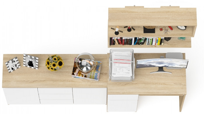 Мори компьютерный стол МС-1 левый + Комод МК1200.3 + Полка 900, дуб сонома/белый