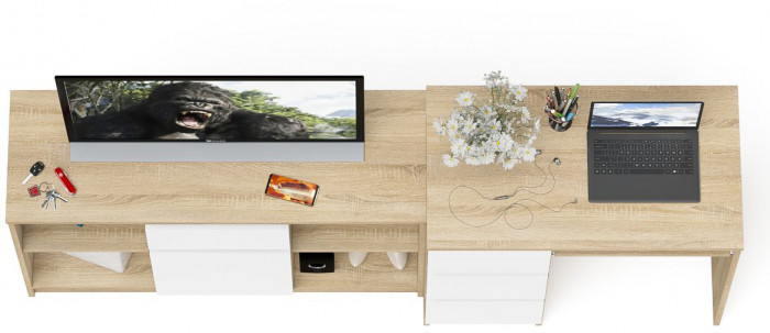 Мори компьютерный стол МС-6 левый + Тумба МТВ1204.1, дуб сонома/белый