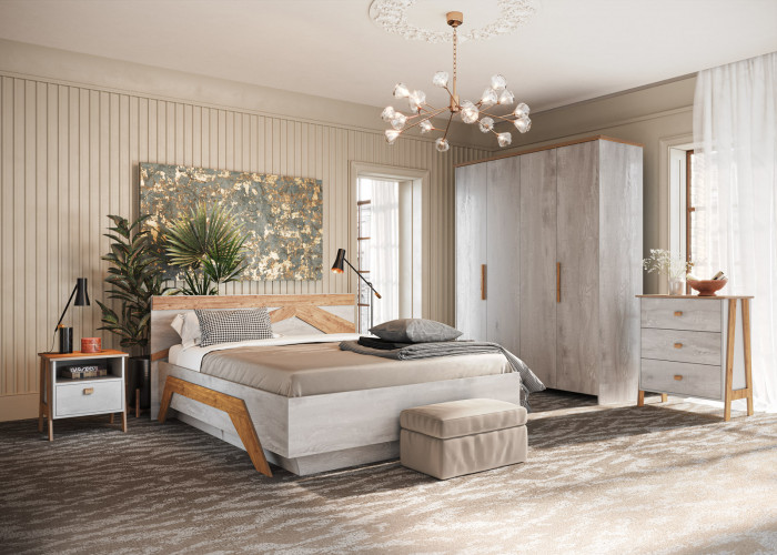 Кровать king-size 180х200 "Скандинавия" с подъемным основанием - Бетон пайн светлый/Дуб наварра