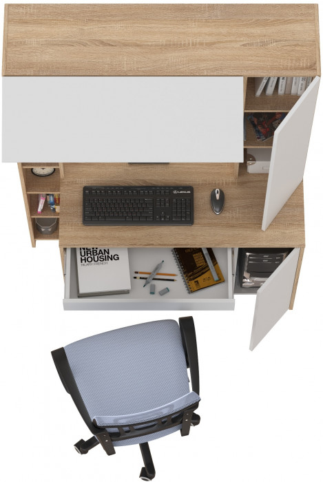 КР100 Стол компьютерный Комфорт 12.71 + кресло 103 серое, цвет дуб сонома/белый, ШхГхВ 116,7х60,2х165,4 см., НЕ универсальная сборка