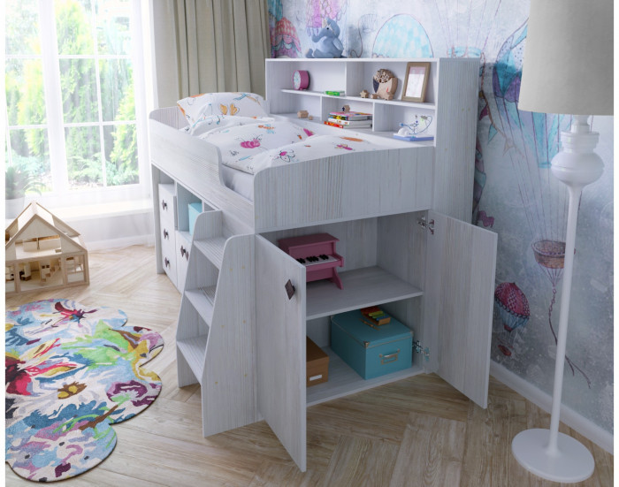 Кровать-чердак Малыш 5 (Дуб молочный/Оранжевый)