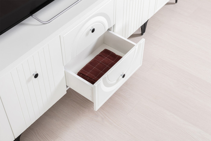 Валенсия Гостиная № 061, цвет ЛДСП белый шагрень/МДФ белый шагрень, ШхГхВ 272,2х38,3х225,2 см., ниша для ТВ 133х38х117 см., универсальная сборка