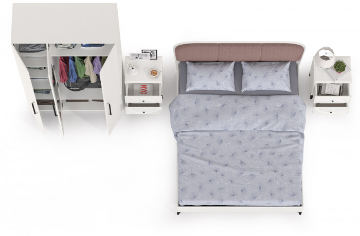 Валенсия Спальня № 34, цвет ЛДСП белый шагрень/МДФ белый шагрень/ткань велутто 19, ортопед есть, сп. м. 1600х2000 мм., б/м