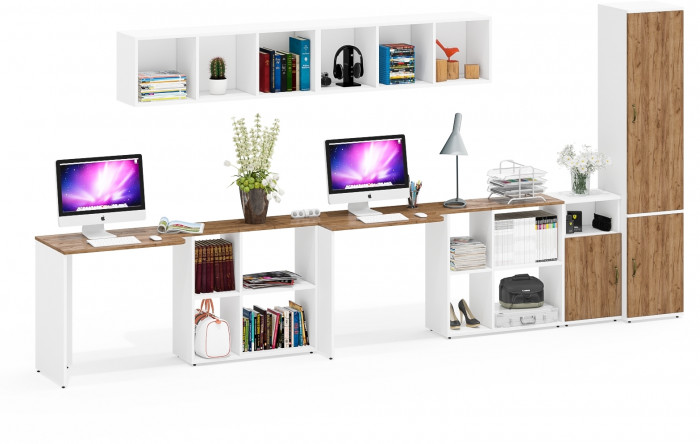 Лидер-8 Стол + Полка + Стол + Полка + Пенал МД 22Б + Тумба МД 3.19, белый шагрень/крафт золото